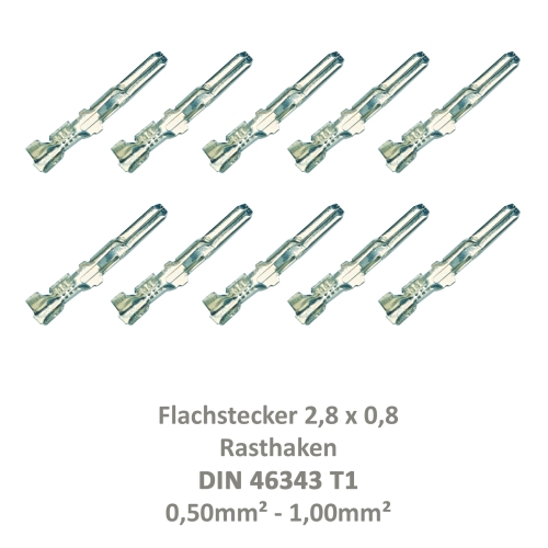 10 Flachstecker 2,8x0,8 Kabelschuh unisoliert 0,50²-1,00² Rasthaken DIN 46343 T1