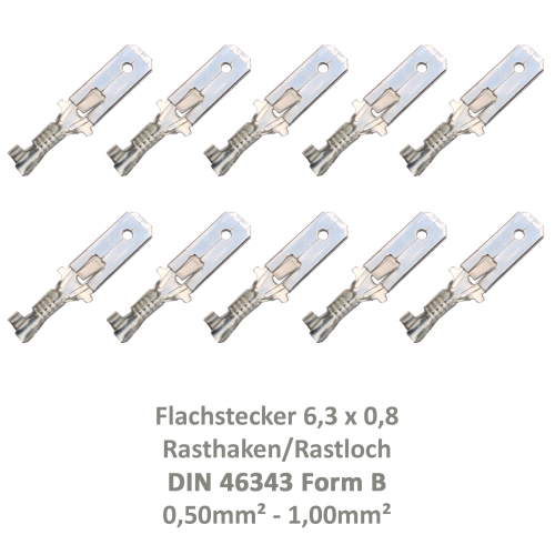 10 Flachstecker 6,3x0,8 Kabelschuh unisoliert 0,50² - 1,00² DIN 46343 Rastloch