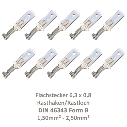 10 Flachstecker 6,3x0,8 Kabelschuh unisoliert 1,50² - 2,50² DIN 46343 Rastloch