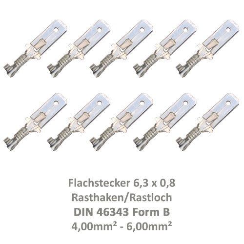 10 Flachstecker 6,3x0,8 Kabelschuh unisoliert 4,00² - 6,00² DIN 46343 Rastloch