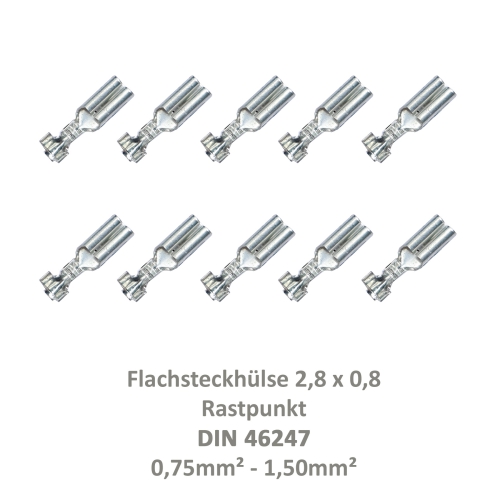 10 Flachsteckhülse 2,8x0,8 Kabelschuh unisoliert 0,75²-1,50² Rastpunkt DIN 46247