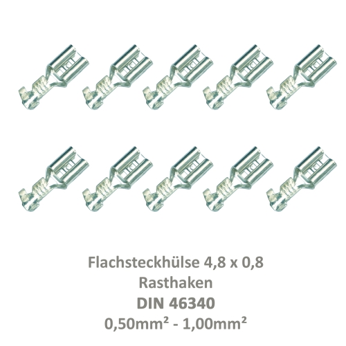 10 Flachsteckhülse 4,8x0,8 Kabelschuh unisoliert 0,5²-1,0² Rasthaken/Rastzunge