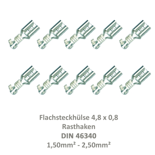 10 Flachsteckhülse 4,8x0,8 Kabelschuh unisoliert 1,00²-2,50² Rasthaken/Rastpunkt