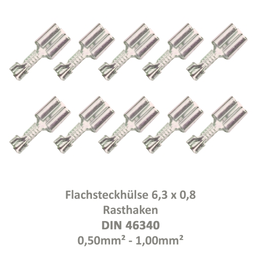 10 Flachsteckhülse 6,3x0,8 Kabelschuh unisoliert 0,50²-1,00² Rasthaken/Rastzunge