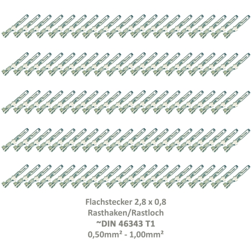 100 Flachstecker 2,8x0,8 Kabelschuh unisoliert 0,50²-1,00² Rasthaken Rastloch DIN