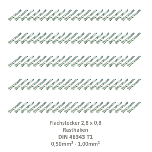 100 Flachstecker 2,8x0,8 Kabelschuh unisoliert 0,50²-1,00² Rasthaken DIN 46343 T1