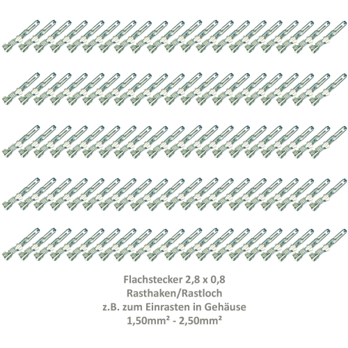100 Flachstecker 2,8x0,8 Kabelschuh unisoliert 1,50²-2,50² Rasthaken Rastloch 