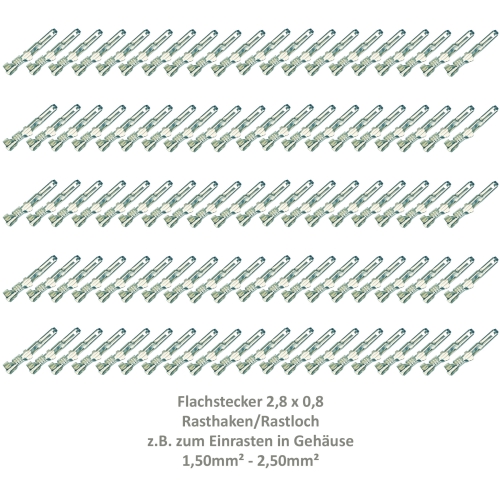 100 Flachstecker 2,8x0,8 Kabelschuh unisoliert 1,50²-2,50² Rasthaken Rastloch 