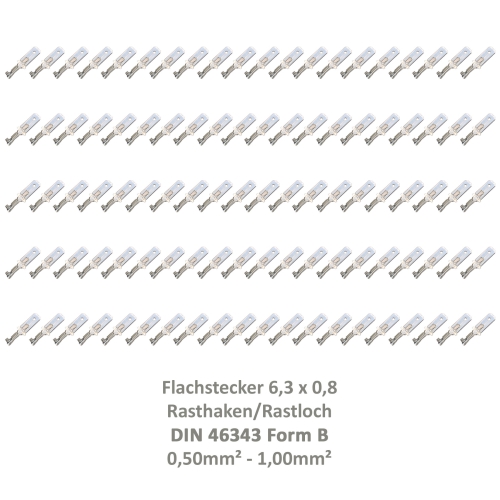 100 Flachstecker 6,3x0,8 Kabelschuh unisoliert 0,50² - 1,00² DIN 46343 Rastloch