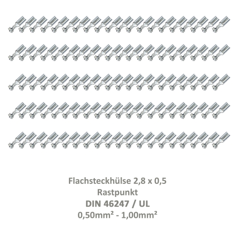 100 Flachsteckhülse 2,8x0,5 Kabelschuh unisoliert 0,50²-1,00² Rastpunkt DIN / UL