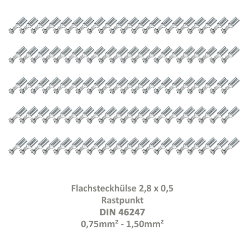 100 Flachsteckhülse 2,8x0,5 Kabelschuh unisoliert 0,75²-1,50² Rastpunkt DIN 46247