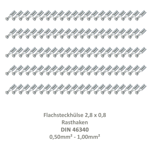 100 Flachsteckhülse 2,8x0,8 Kabelschuh unisoliert 0,50²-1,0² Rasthaken DIN 46340