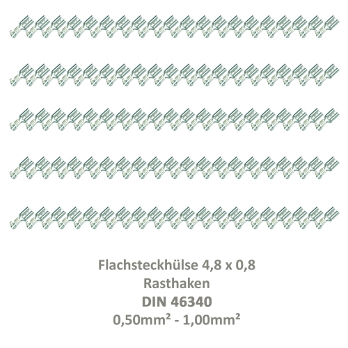 100 Flachsteckhülse 4,8x0,8 Kabelschuh unisoliert 0,5²-1,0² Rasthaken/Rastzunge
