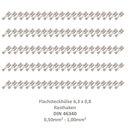 100 Flachsteckhülse 6,3x0,8 Kabelschuh unisoliert 0,50²-1,00² Rasthaken/Rastzunge