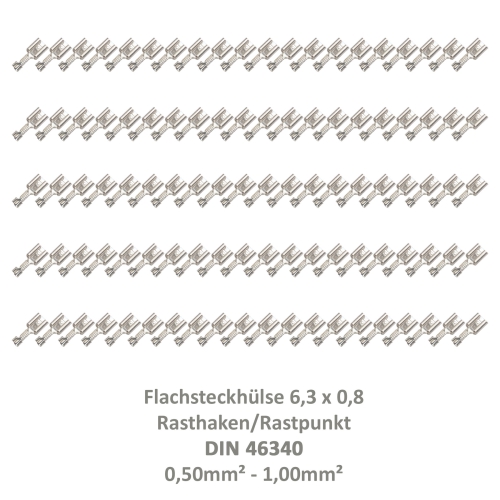 100 Flachsteckhülse 6,3x0,8 Kabelschuh unisoliert 0,5²-1,00² DIN 46340 Rasthaken