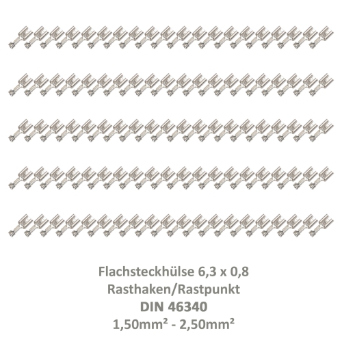 100 Flachsteckhülse 6,3x0,8 Kabelschuh unisoliert 1,5²-2,50² DIN 46340 Rasthaken