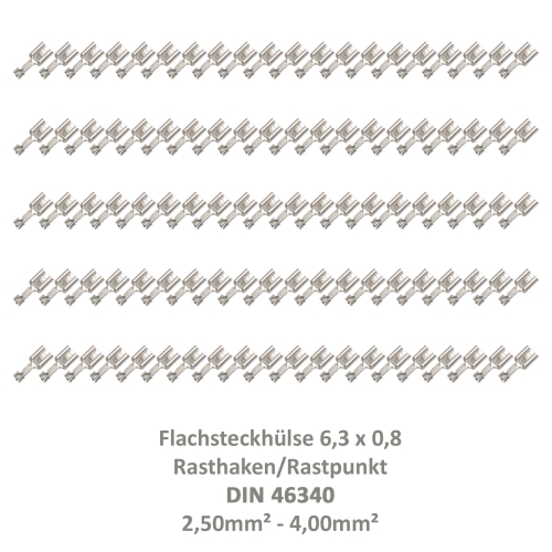 100 Flachsteckhülse 6,3x0,8 Kabelschuh unisoliert 2,5²-4,00² DIN 46340 Rasthaken