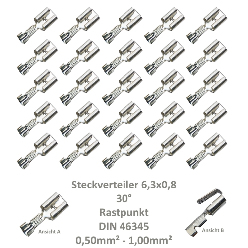 25 Steckverteiler Abzweiger Flachsteckhülse Flachstecker 6,3x0,8  0,5² DIN 46345