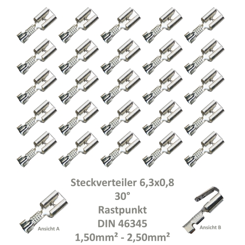 25 Steckverteiler Abzweiger Flachsteckhülse Flachstecker 6,3x0,8  1,5² DIN 46345