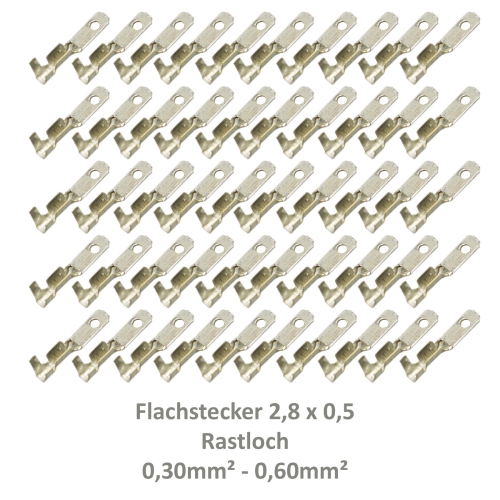 50 Flachstecker 2,8x0,5 Kabelschuh z.B. Fahrradbeleuchtung 0,30²-0,60² Rastloch