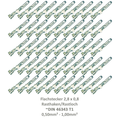 50 Flachstecker 2,8x0,8 Kabelschuh unisoliert 0,50²-1,00² Rasthaken Rastloch DIN