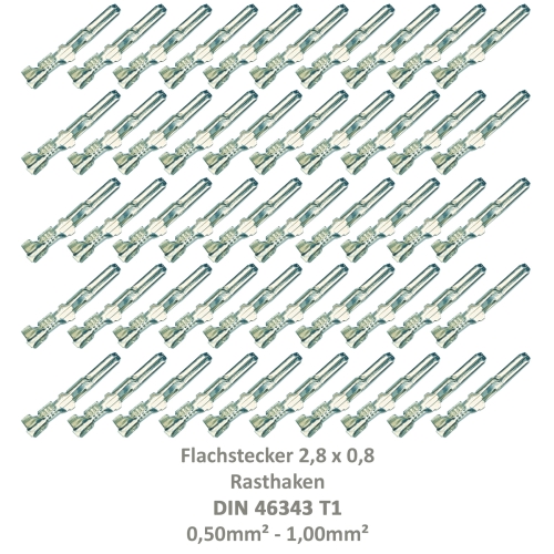 50 Flachstecker 2,8x0,8 Kabelschuh unisoliert 0,50²-1,00² Rasthaken DIN 46343 T1