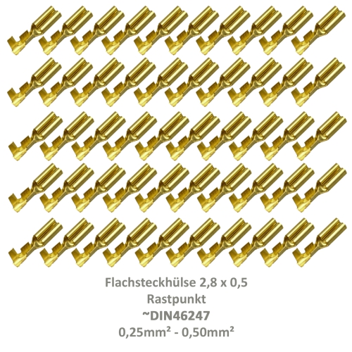 50 Flachsteckhülse 2,8x0,5 Kabelschuh unisoliert 0,25²-0,50² Rastpunkt Fahrrad