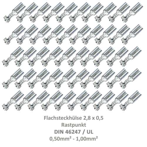 50 Flachsteckhülse 2,8x0,5 Kabelschuh unisoliert 0,50²-1,00² Rastpunkt DIN / UL