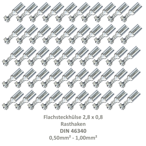 50 Flachsteckhülse 2,8x0,8 Kabelschuh unisoliert 0,50²-1,00² Rasthaken DIN 46340