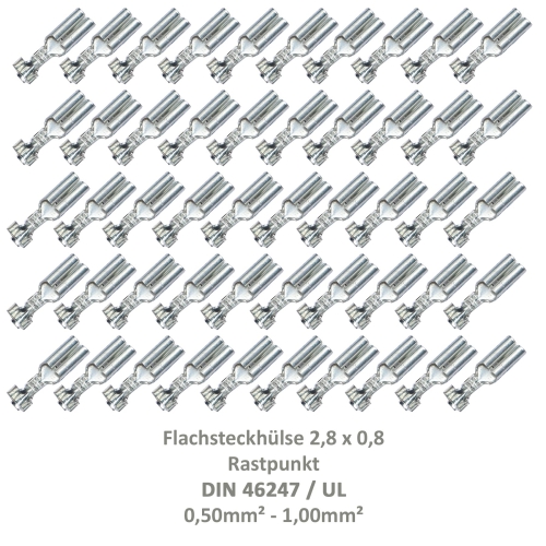 50 Flachsteckhülse 2,8x0,8 Kabelschuh unisoliert 0,50²-1,00² Rastpunkt DIN / UL