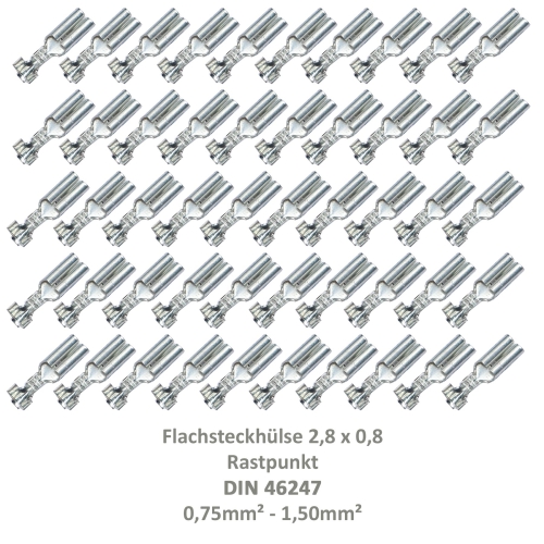 50 Flachsteckhülse 2,8x0,8 Kabelschuh unisoliert 0,75²-1,50² Rastpunkt DIN 46247