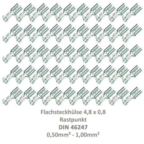 50 Flachsteckhülse 4,8x0,8 Kabelschuh unisoliert 0,50² - 1,00²  Rastpunkt DIN 46247