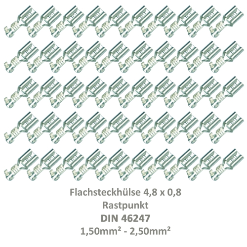 50 Flachsteckhülse 4,8x0,8 Kabelschuh unisoliert 1,50² - 2,50²  Rastpunkt DIN 46247