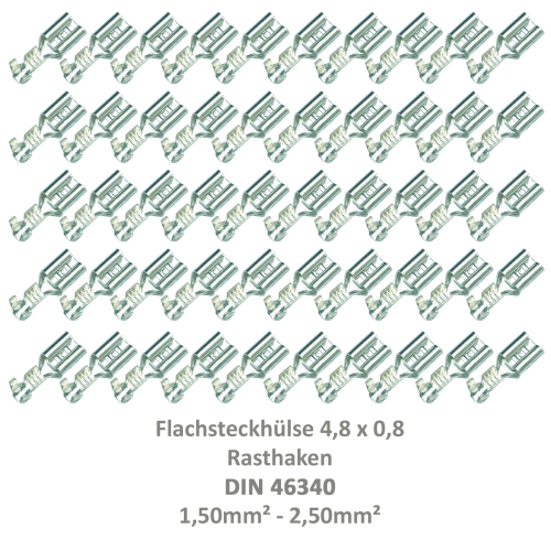 50 Flachsteckhülse 4,8x0,8 Kabelschuh unisoliert 1,00²-2,50² Rasthaken/Rastpunkt