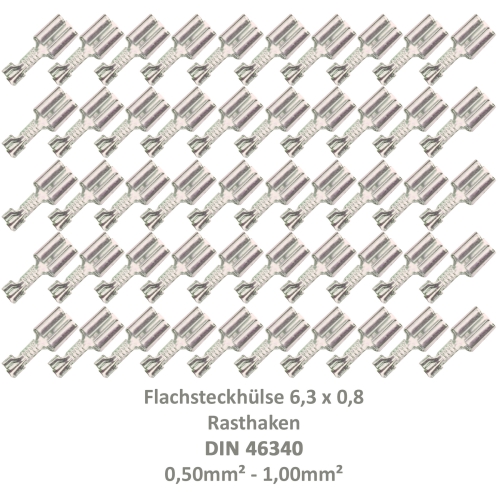 100 Flachsteckhülse 6,3x0,8 Kabelschuh unisoliert 1,5²-2,50² DIN 46340 Rasthaken 