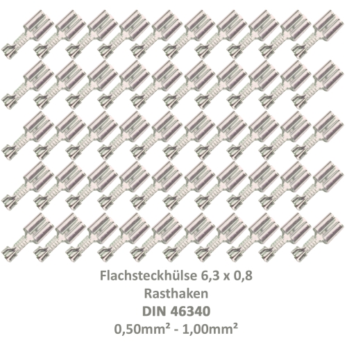 50 Flachsteckhülse 6,3x0,8 Kabelschuh unisoliert 0,50²-1,00² Rasthaken/Rastzunge