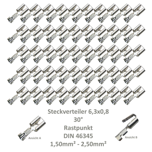 50 Steckverteiler Abzweiger Flachsteckhülse Flachstecker 6,3x0,8  1,5² DIN 46345