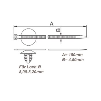 5x Kabelbinder 180x4,5mm, Teller mit Steckfuß f. Loch 8,0-8,2, für Bündel 5-40mm