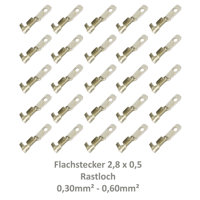 25 Flachstecker 2,8x0,5 Kabelschuh z.B. Fahrradbeleuchtung 0,30²-0,60² Rastloch