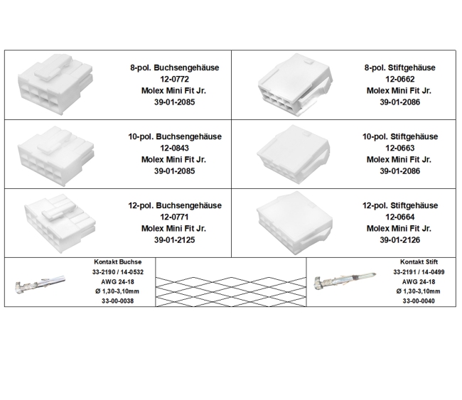 Molex Mini-Fit Stecker Set Sortiment in 8-, 10, 12-pol, Kontakte, z.B. Licht LED